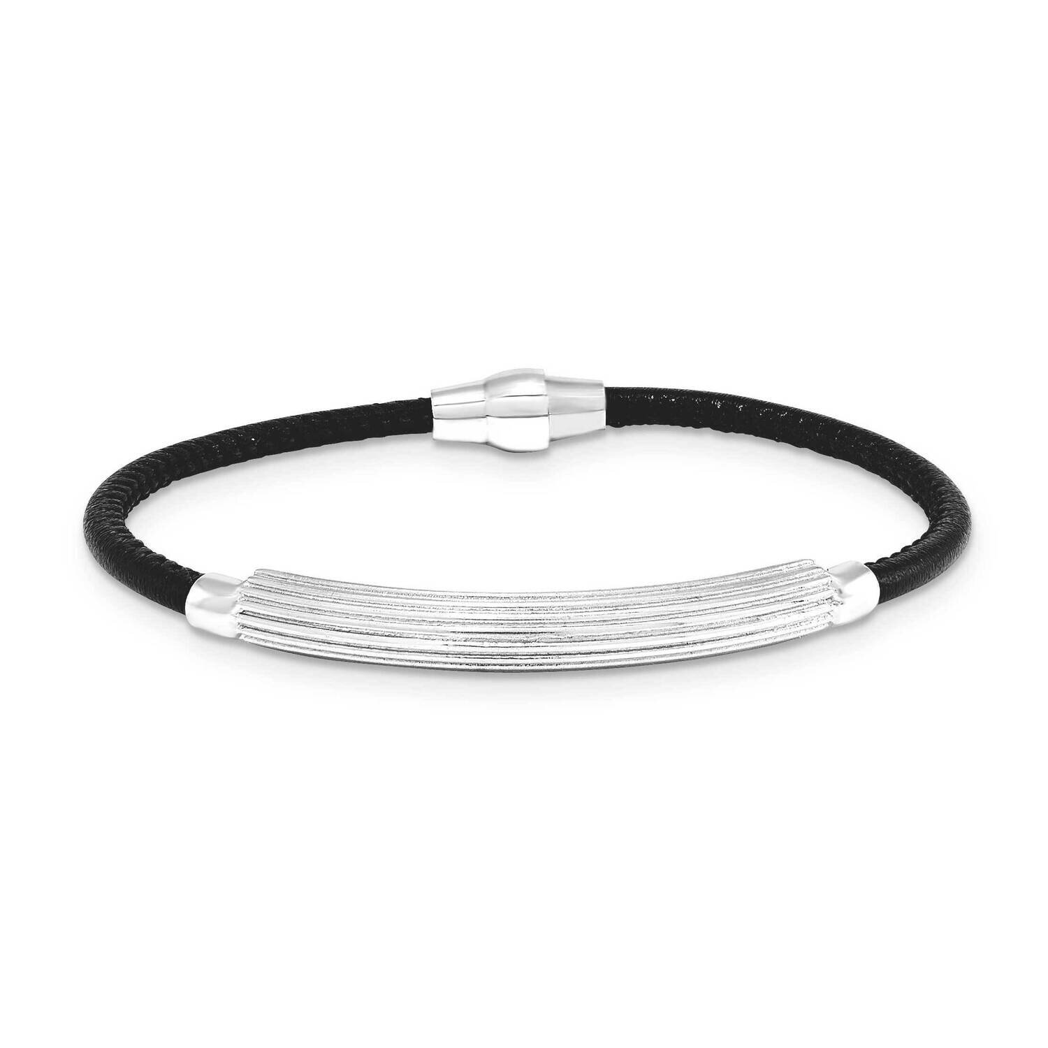 Sterling Silver Black Leather &amp; Rhodium Large Bracelet J286311180543