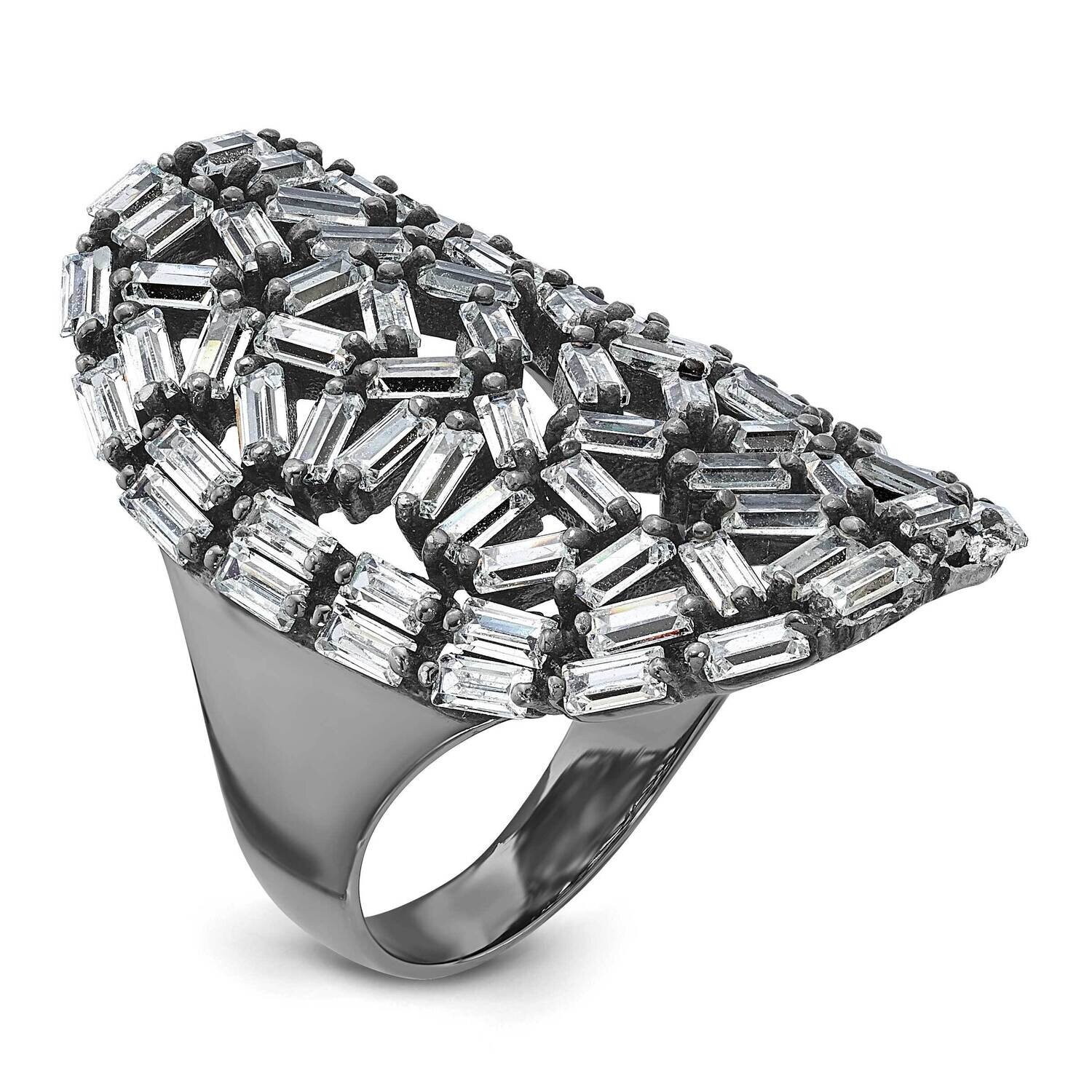 Sterling Silver &amp; Black Rhodium Oval Baguette Crystal Size 9 Ring J325824012358
