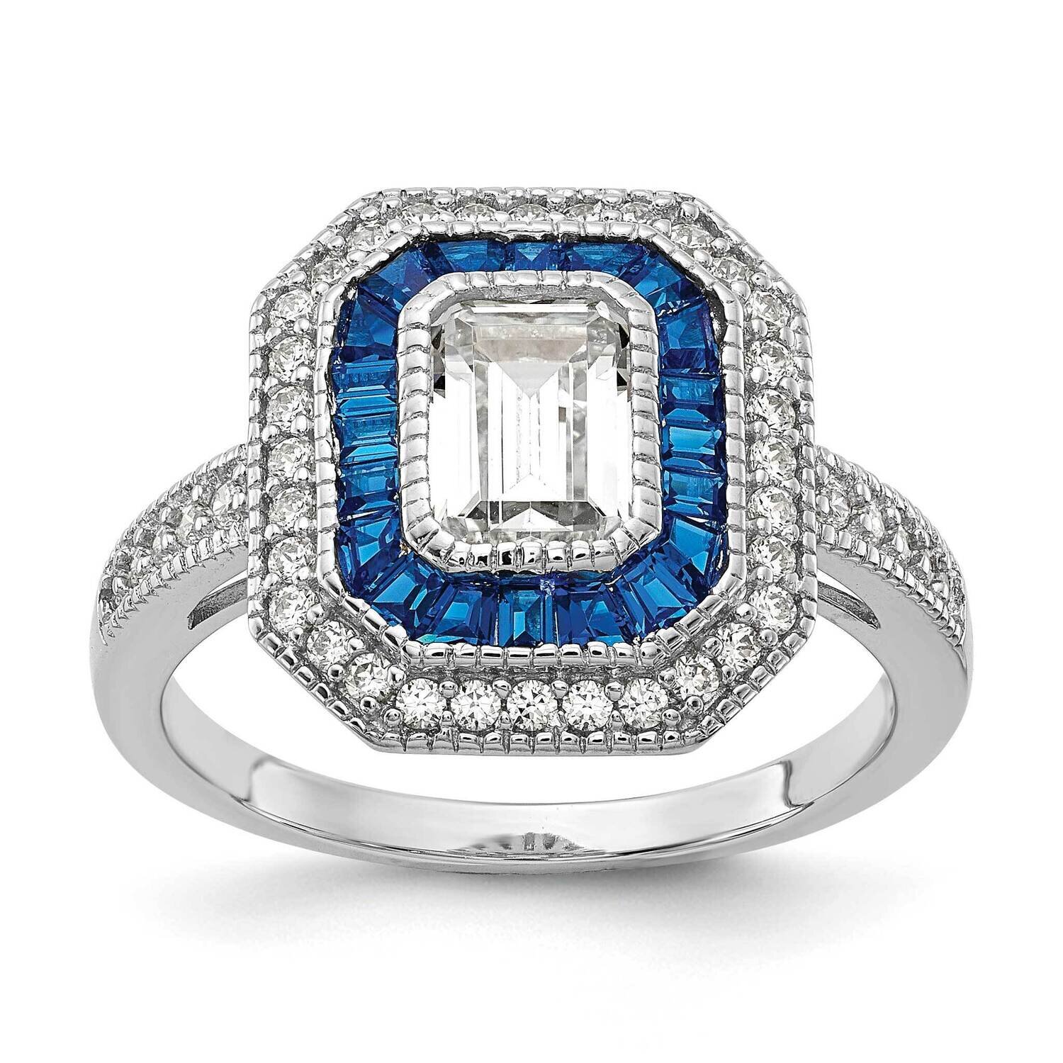 Sterling Silver Diamonique and Simulated Sapphire Deco Ring-10 J335229000360