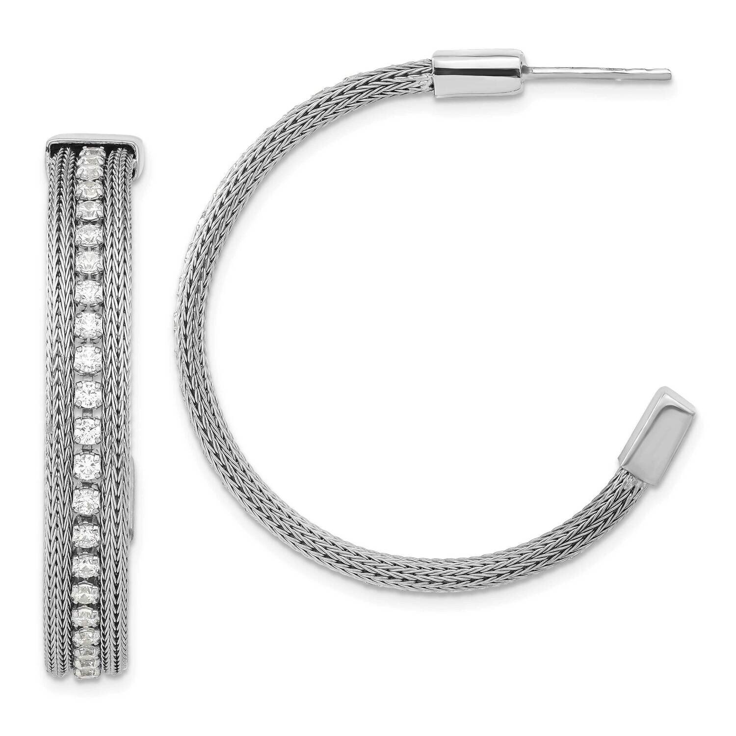 Sterling Silver Rhodium-Plated Mesh &amp; Crystal Round Post Hoop Earrings O4869RH