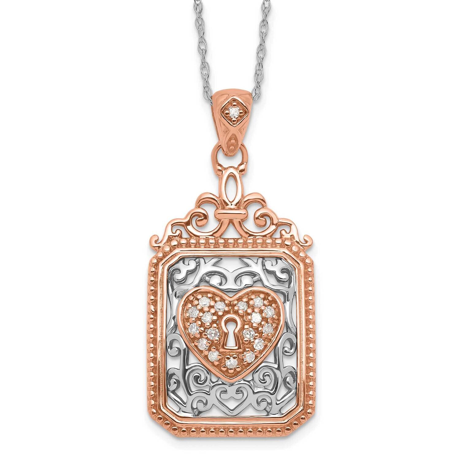 10k Gold Two Tone Polished Filigree Diamond Heart Lock Necklace PXD2844-0RS43