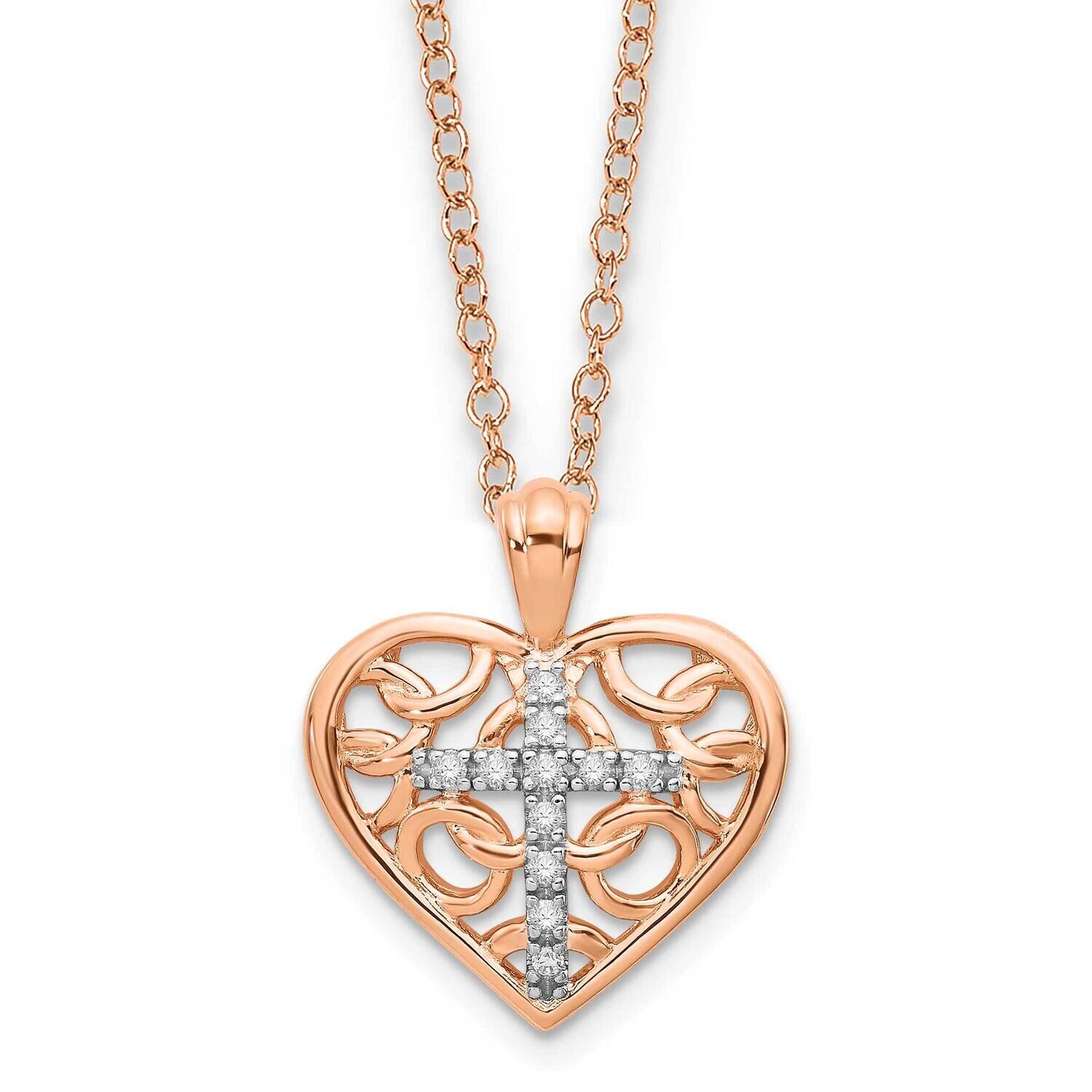 10k Gold Rose Gold with Rhodium Plated Diamond Cross in Heart Necklace PXD3024-0RS45-18
