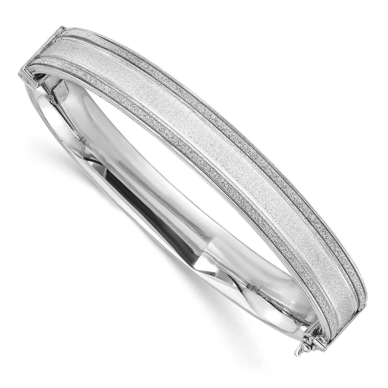 Sterling Silver Polished & Textured Baguette Glitter Hinged Bangle QB883