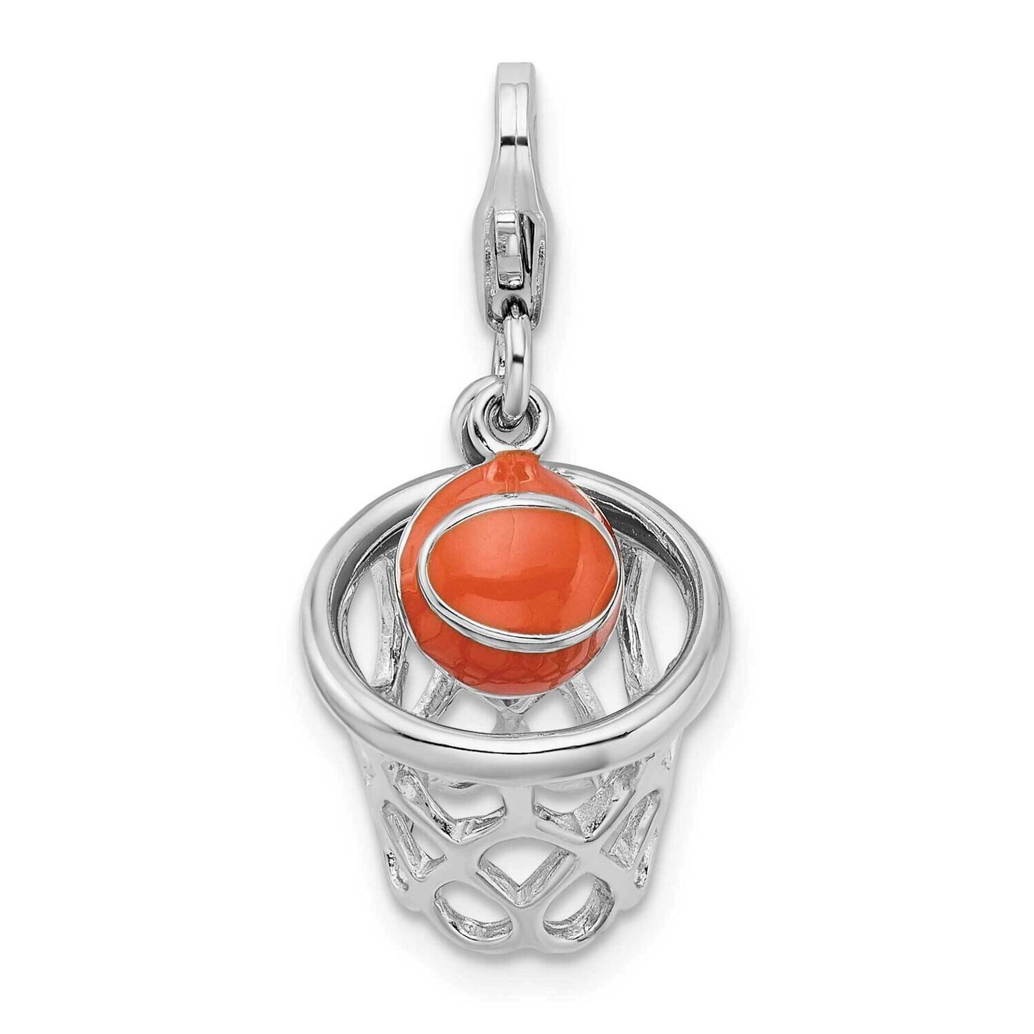 Sterling Silver 3-D Enameled Basketball in Net with 13mm Lobster Clasp Charm QCC303/13MM