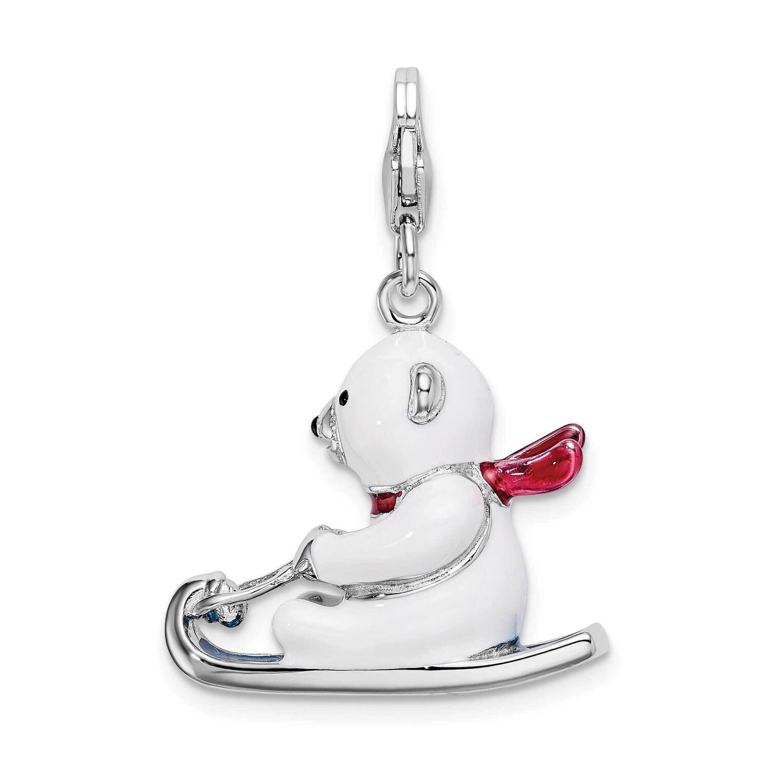 Sterling Silver 3-D Enameled Polar Bear on Sled with Lobster Clasp Charm QCC537/13MM