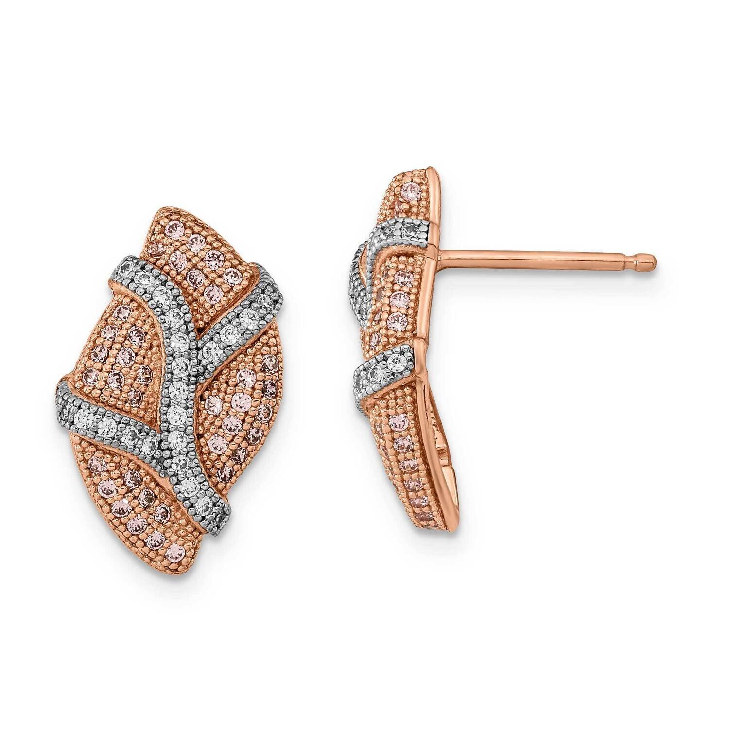 Sterling Silver Rhodium-plated Rose-tone Pink &amp; Clear CZ Leaf Post Earrings QMP1517
