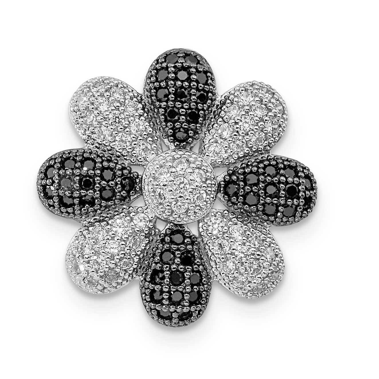 Sterling Silver Rhodium-plated Black & Clear CZ Flower Chain Slide Pendant QMP1525