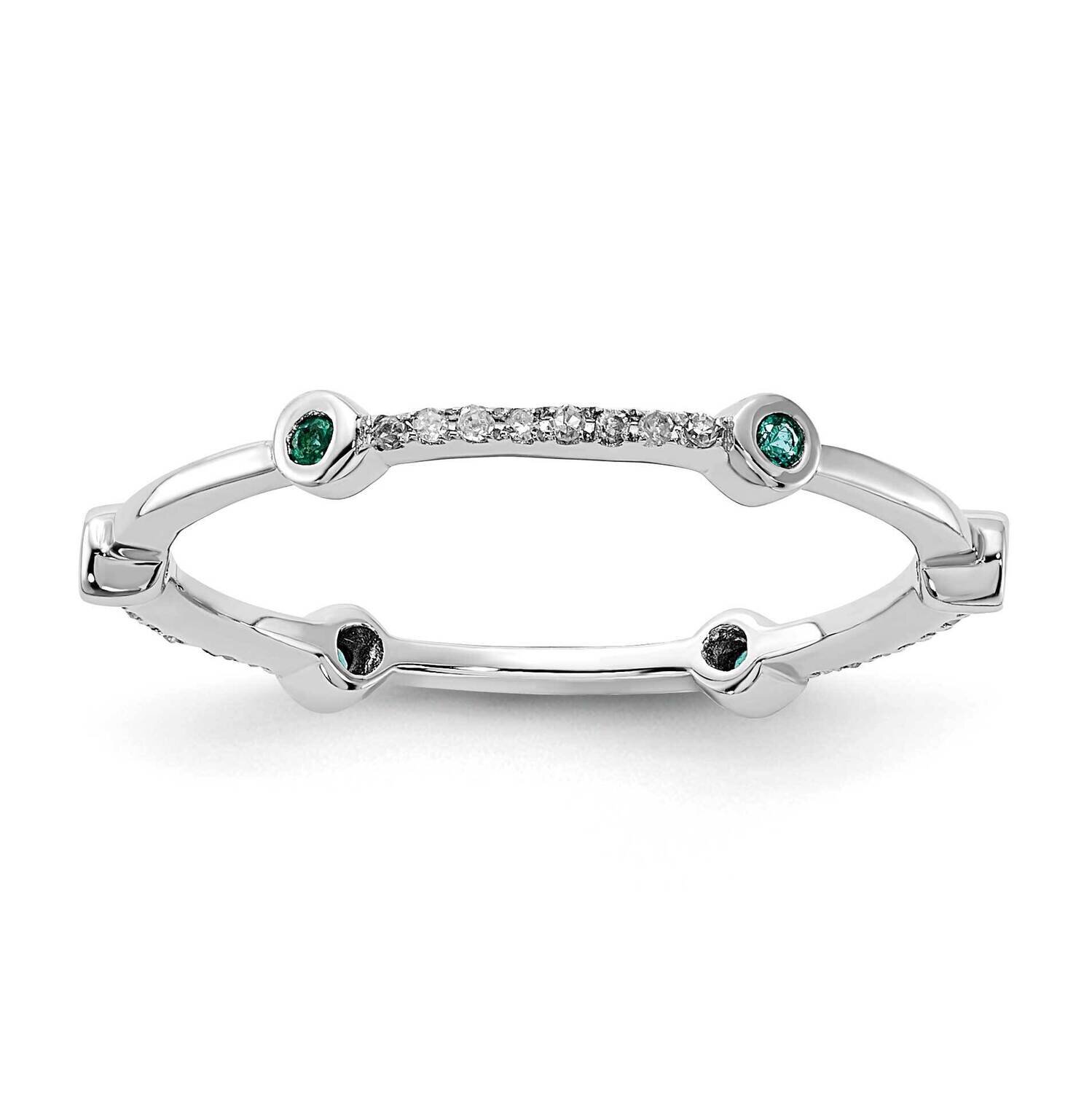 Sterling Silver Stack Exp Polished Created Emerald &amp; Diamond Ring QSK669-7