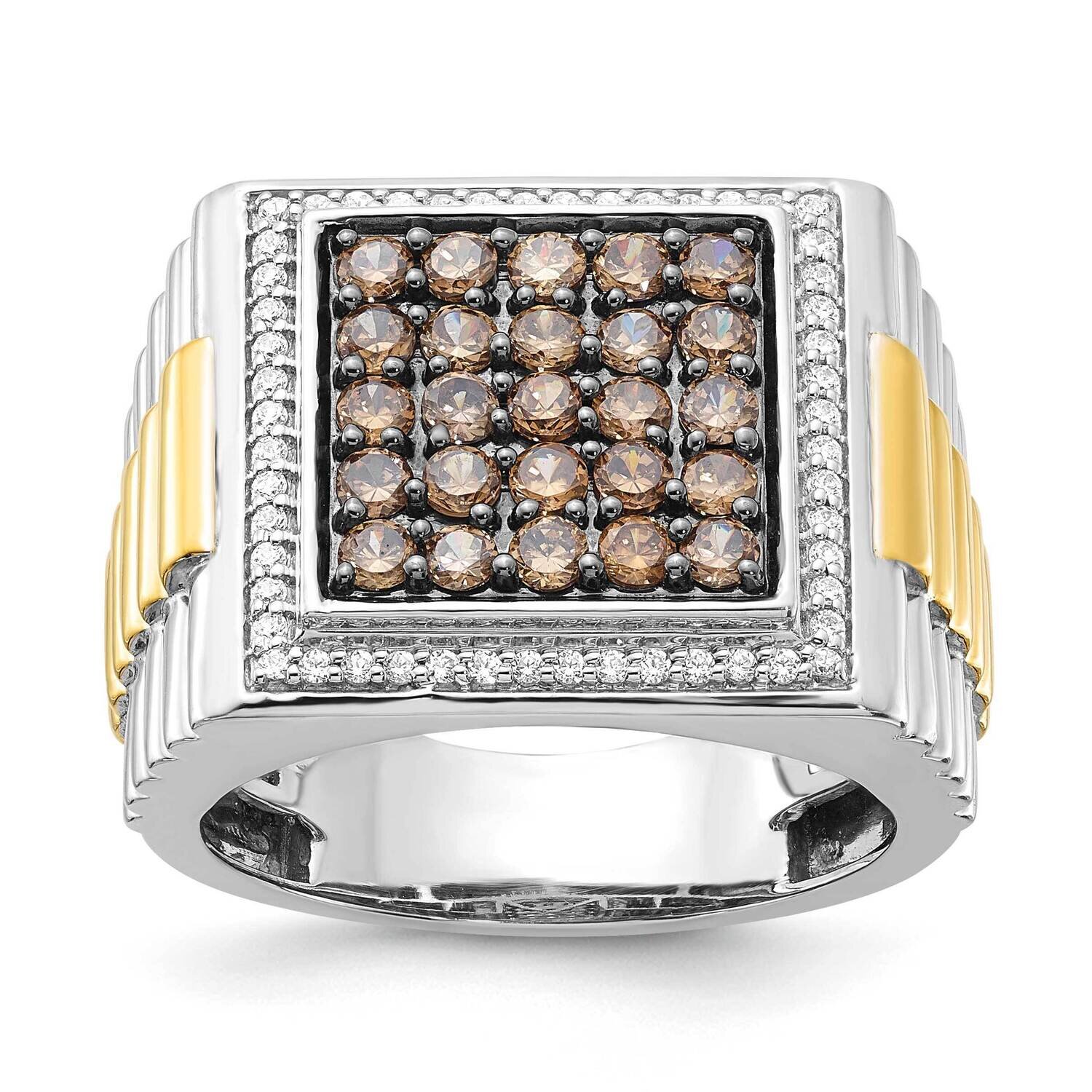 Sterling Silver and Gold Tone Polished Champagne and White CZ Mens&#39; Ring RM3683-SSWYCZ-10