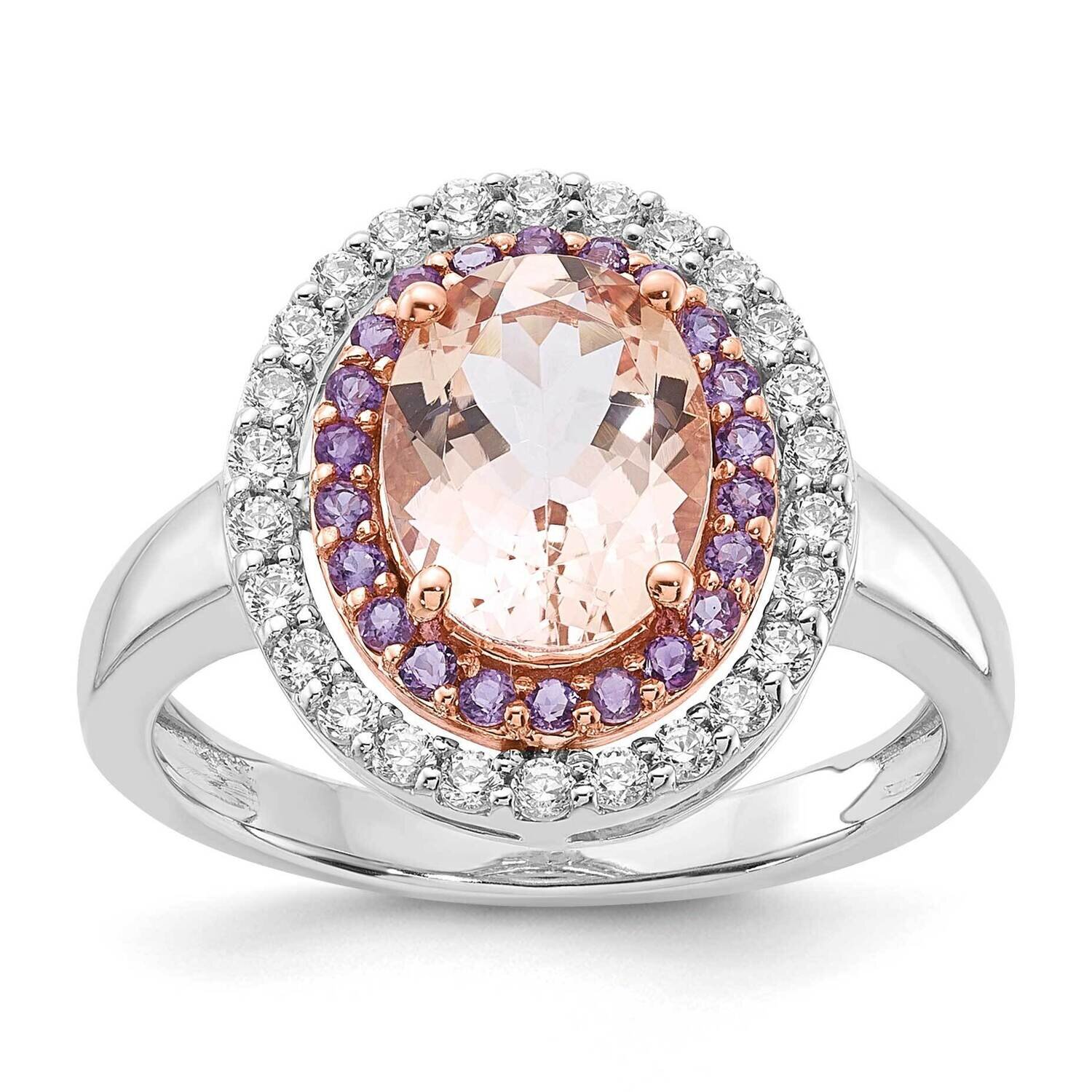 Sterling Silver with RG Morganite/Amethyst/CZ Oval Shape Ring RM3560-MGAM-SSWRCZ-7