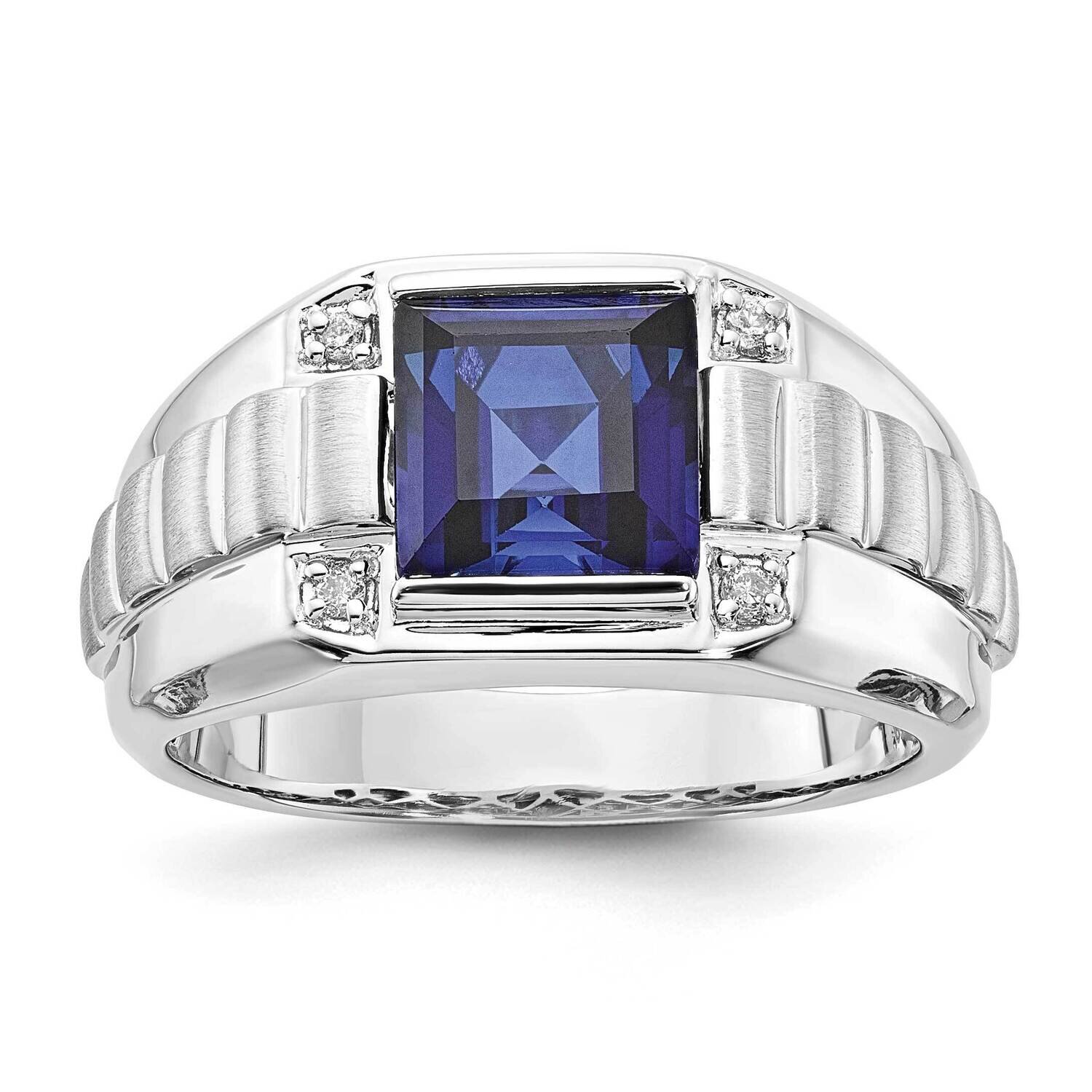 Sterling Silver Polished &amp; Brushed 1 - 8X8 Cr. Sapphire &amp; Diamond Ring RMS1674/CRSA-SSBBB