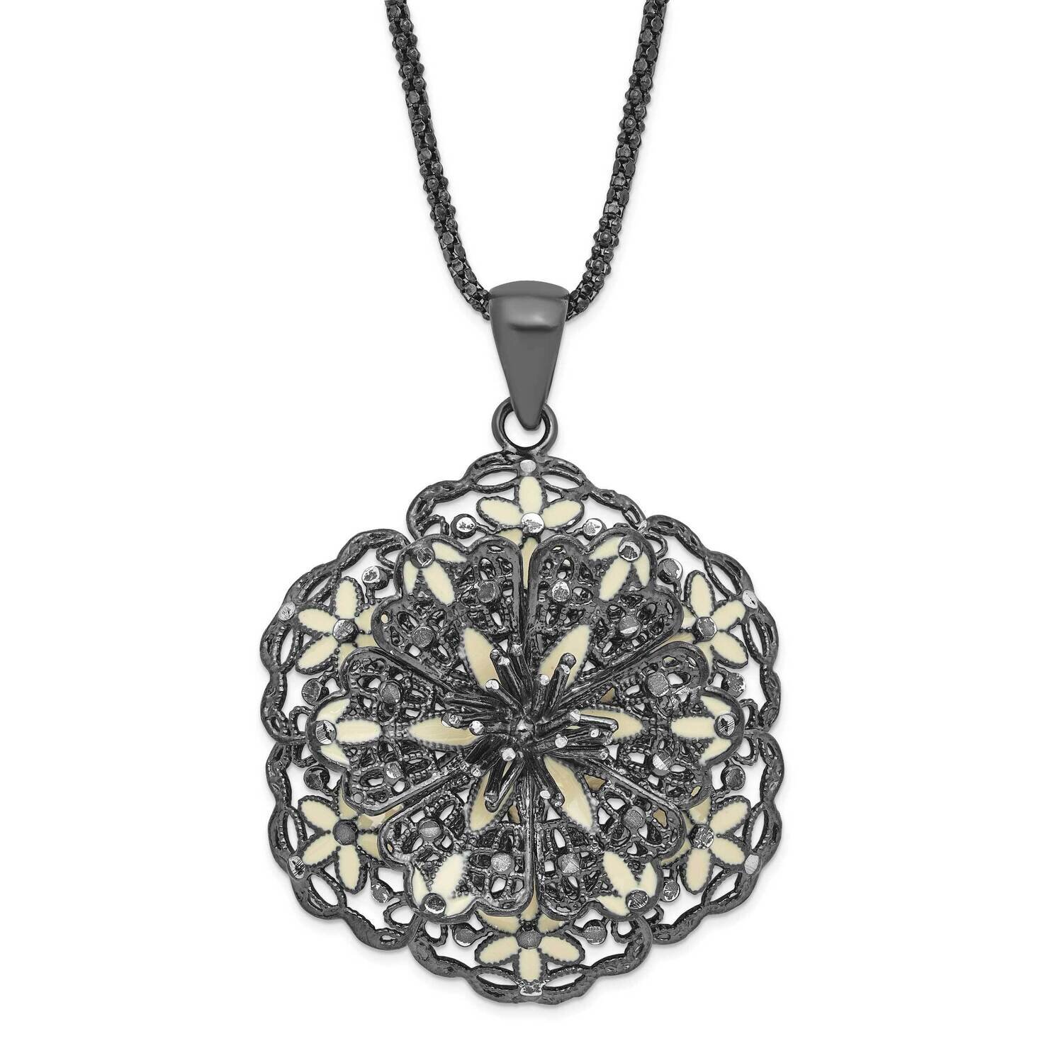 Sterling Silver Black-plated Polished Enameled Vintage Lace Flower Necklace SSCAU18318-18