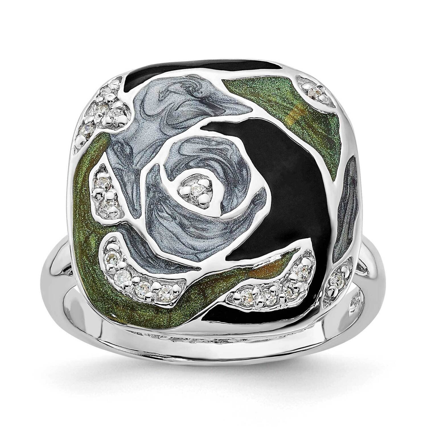 Sterling Silver Polished CZ with Green and Gray and Black Enamel Ring SSCMEI18194-7