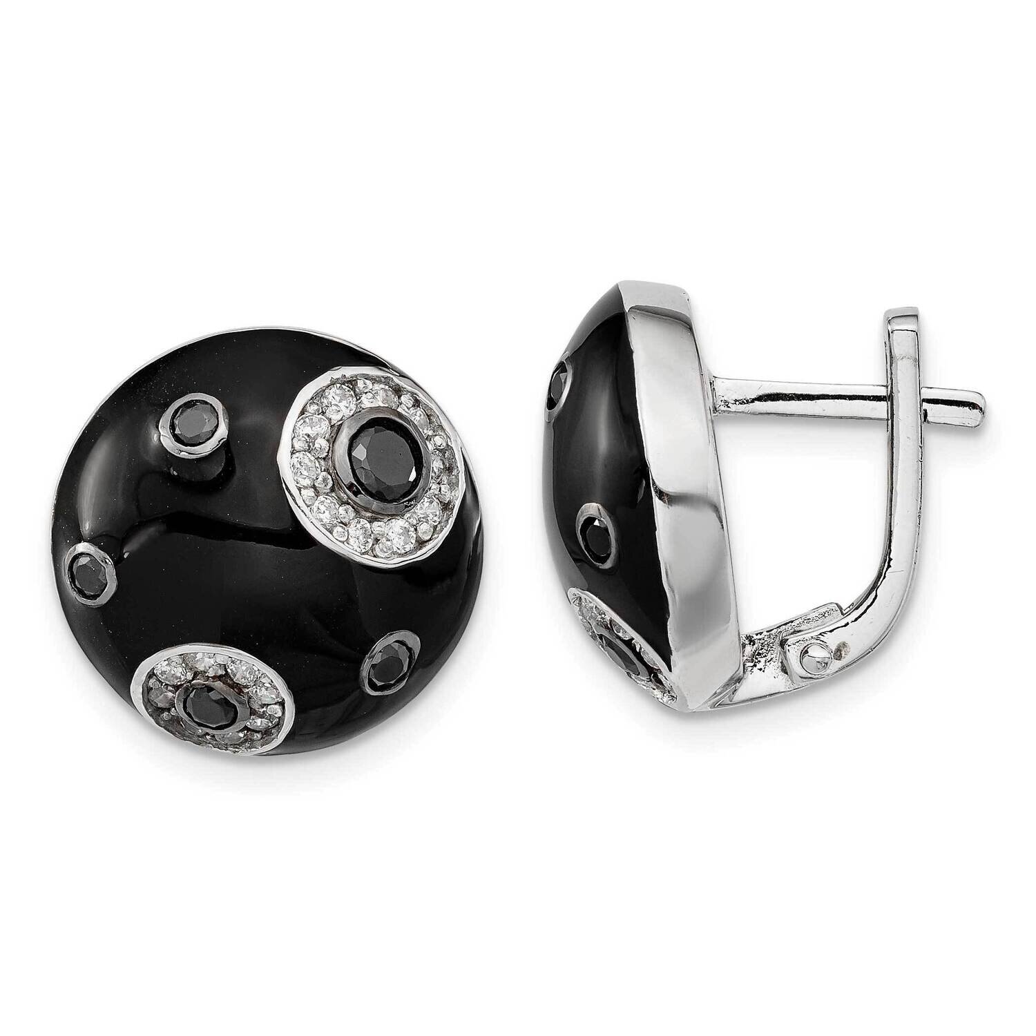 Sterling Silver Polished CZ Black Enameled Omega Back Earrings SSCMEI18188