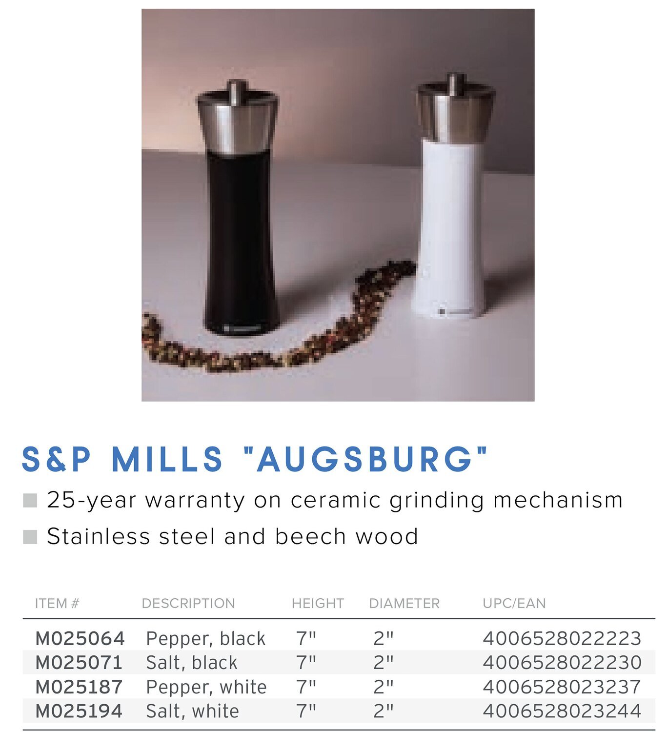 Frieling Augsburg Pepper Mill Stainless Steel &amp; Gloss White Beech Wood 7&quot; x 2.2&quot; M025187
