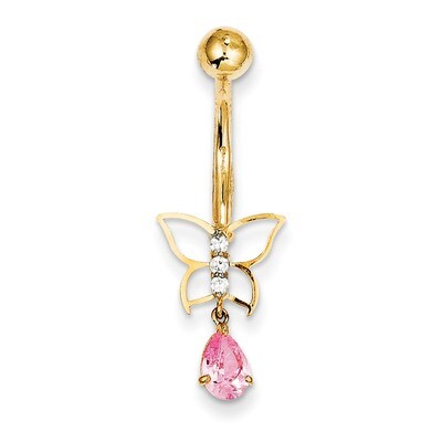 Dangle Butterfly Pink Synthetic Diamond Belly Dangle 10k Gold 10BD136, MPN: 10BD136, 191101730504