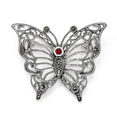 Marcasite Red Cubic Zirconia Butterfly Pin Sterling Silver QP348, MPN: QP348, 191101280061