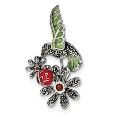 Epoxy/Marcasite/Red Glass Ladybug Flower Pin Sterling Silver Antiqued QP4887, MPN: QP4887,