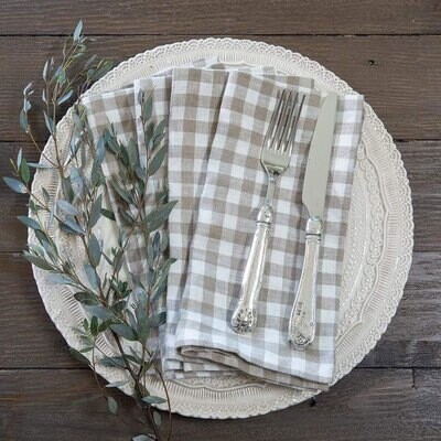 Crown Checkered Washed Linen Napkin Set Taupe NS950