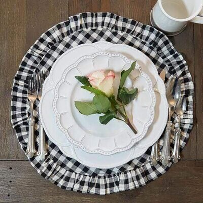 Crown Round Linen Placemat with Ruffle Black Set of 8 P920