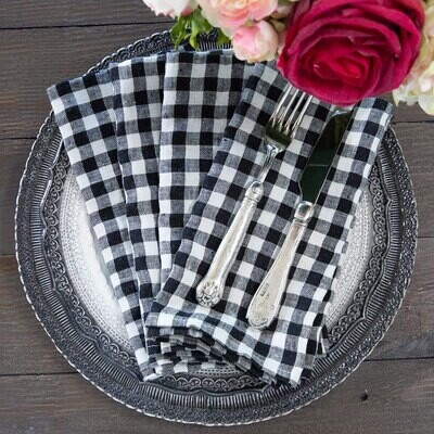 Crown Checkered Washed Linen Napkin Set Black NS905