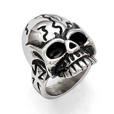 Polished and Antiqued Skull Ring - Stainless Steel SR350 by Chisel, MPN: SR350, 191101193149