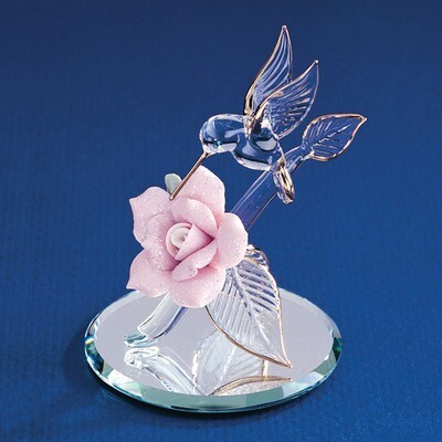 Hummingbird &amp; Porcelain Rose Glass Figurine GL3734, MPN: GL3734, 708873002564