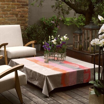 Le Jacquard Francais Fleurs Gourmandes Enduite Beige Coated tablecloth 69 x 69 Inch, MPN: 20097,