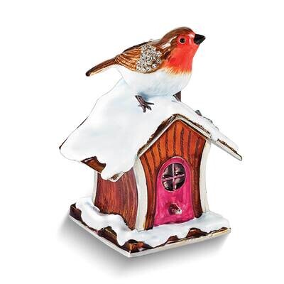 By Jere BERTIE Robin on Bird House Trinket Box with Matching 18 Inch Necklace Pewter Bejeweled Crys…