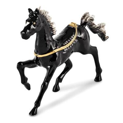 By Jere PEPPER Black Horse with White Mane Trinket Box with Matching 18 Inch Necklace Pewter Bejewe…