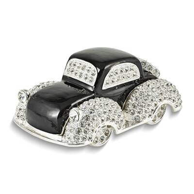 By Jere DEAN Black and White Car Trinket Box with Matching 18 Inch Necklace Pewter Bejeweled Crysta…
