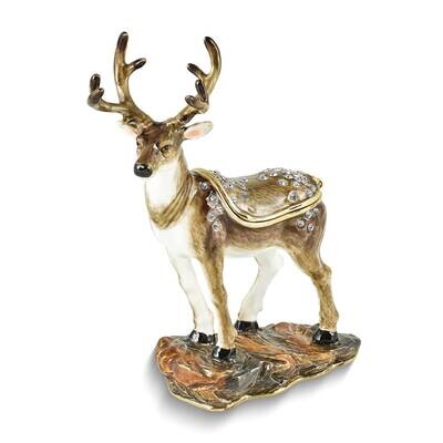 By Jere BUCK Deer Trinket Box with Matching 18 Inch Necklace Pewter Bejeweled Crystals Gold-tone En…