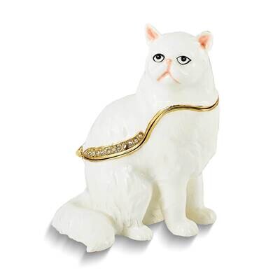 By Jere MISSY White Cat Trinket Box with Matching 18 Inch Necklace Pewter Bejeweled Crystals Gold-t…