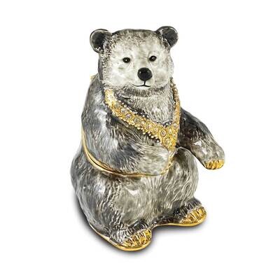 By Jere BETTY Black and Grey Bear Trinket Box with Matching 18 Inch Necklace Pewter Bejeweled Cryst…