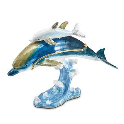 By Jere DONOVAN and DONNY Dolphins Trinket Box with Matching 18 Inch Necklace Pewter Bejeweled Crys…