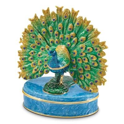 By Jere PERO Peacock on Oval Trinket Box with Matching 18 Inch Necklace Pewter Bejeweled Crystals G…