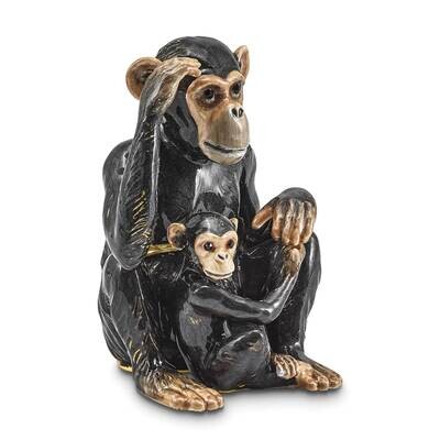 By Jere CHIA and CHI CHI Chimpanzee and Baby Trinket Box with Matching 18 Inch Necklace Pewter Beje…