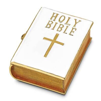 By Jere PRAYER White Bible Trinket Box with Matching 18 Inch Necklace Pewter Bejeweled Crystals Gol…