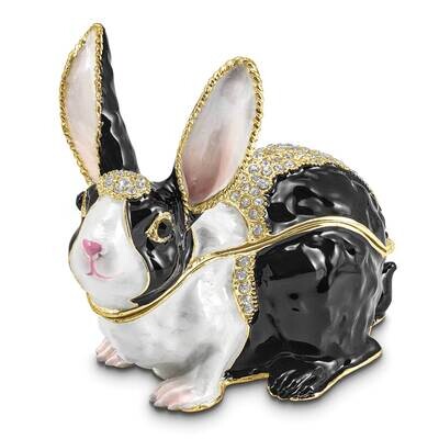 By Jere LUNA Black and White Bunny Trinket Box with Matching 18 Inch Necklace Pewter Bejeweled Crys…