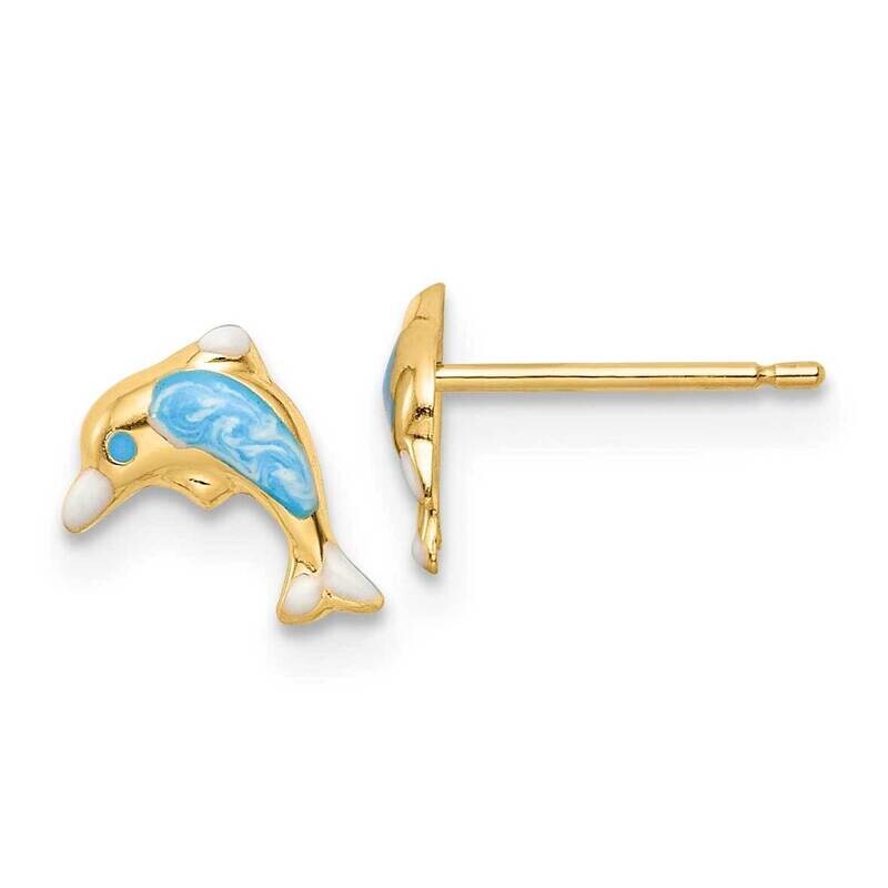 Enameled Dolphin Post Earrings 14k Gold Polished SE3019