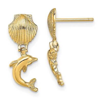 Dolphin Dangle From Mini Scallop Earrings 14k Gold TE804, MPN: TE804, 637218047499