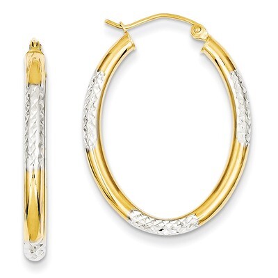 3mm Diamond Cut Oval Hollow Hoop Earrings 14K Gold &amp; Rhodium TL660, MPN: TL660, 883957492995