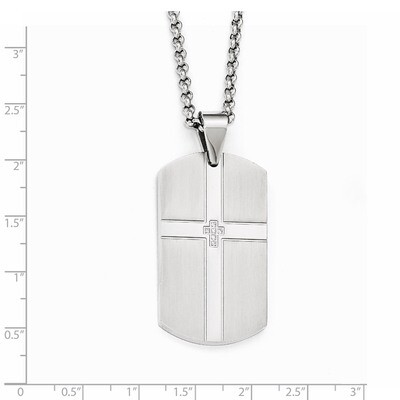 Brushed and Polished with Synthetic Diamond Cross Dog Tag Necklace - Stainless Steel SRN1974-22