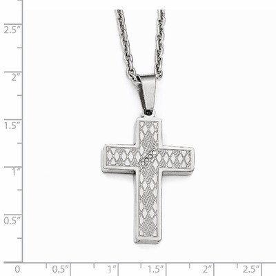 Polished &amp; Textured Synthetic Diamond Cross Necklace - Stainless Steel SRN1962-20