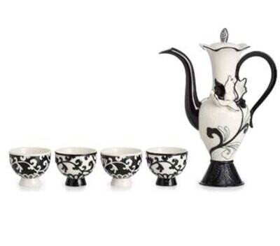 Franz Porcelain Pattern Of Black and White Peony Flower Wine Jar Cups Set CP00003, MPN: CP00003,