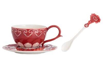Franz Porcelain Underglaze Red Chrysanthemum Cup Saucer Spoon Set CP00019, MPN: CP00019,