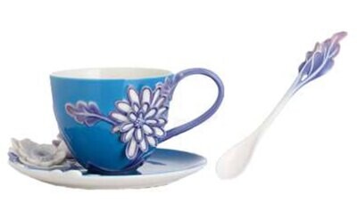 Franz Porcelain Plain Tricolour Chrysanthemum Cup Saucer Spoon Set CP00020, MPN: CP00020,