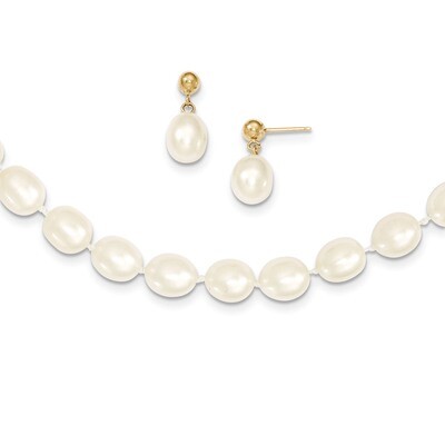 White Semi Round Cultured Pearl 18 in. Necklace &amp; Earrings Set 14k Gold XF394SET, MPN: XF394SET, 88…