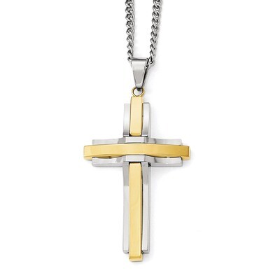 Polished Yellow IP-plated Cross Necklace - Stainless Steel SRN1784-24 by Chisel, MPN: SRN1784-24, 1…
