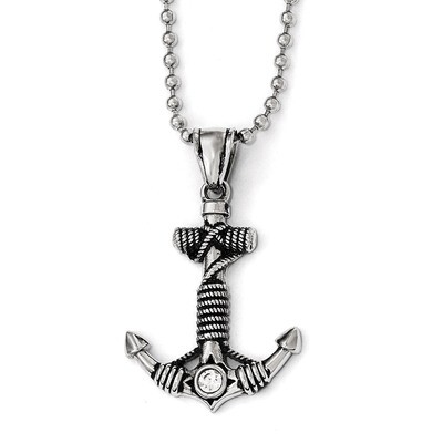 Polished and Antiqued with Synthetic Diamond Anchor Necklace - Stainless Steel SRN1783-20 by Chisel…